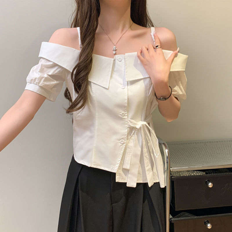 韓系一字肩不規則吊帶短袖襯衫(3色)