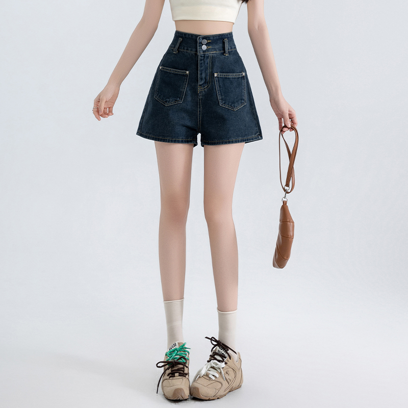 韓系高腰兩粒扣闊腿牛仔短褲