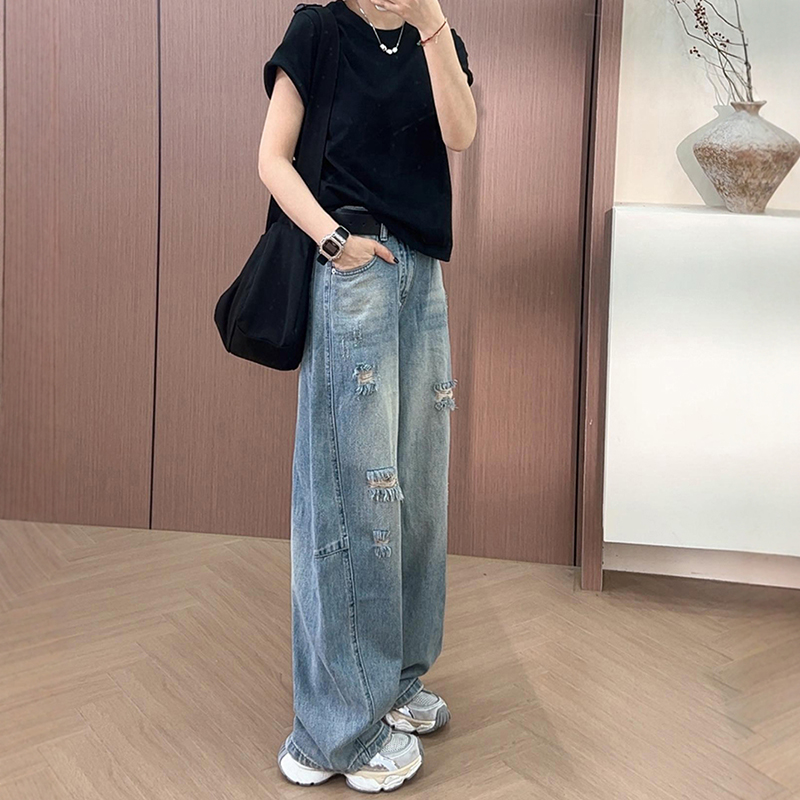 高腰薄款破洞直筒牛仔褲