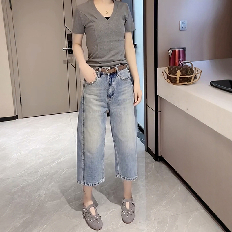 夏季新款高腰直筒闊腳八分牛仔褲