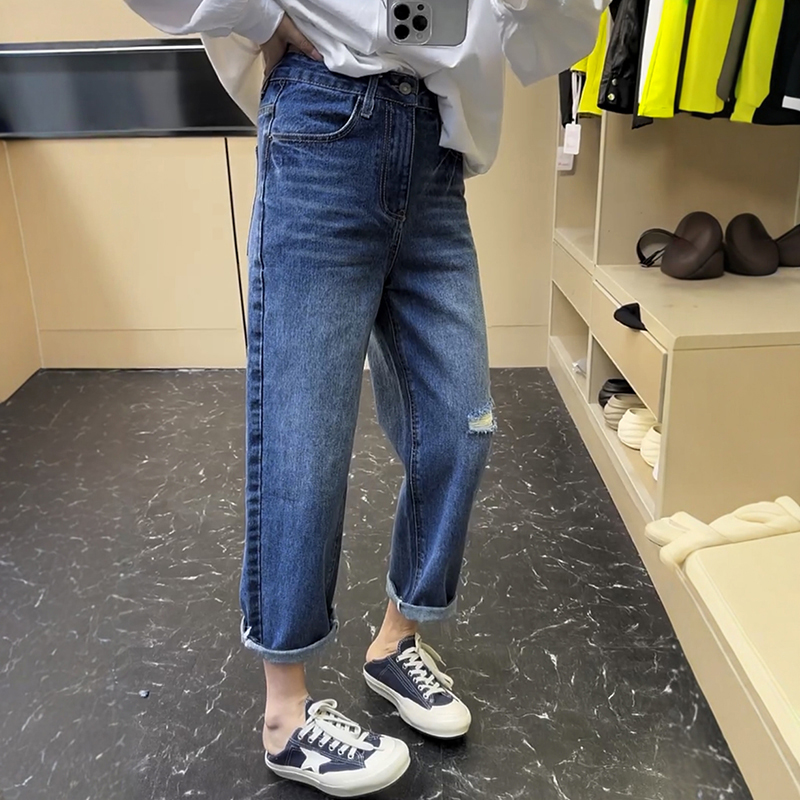 法式高腰九分破洞牛仔褲