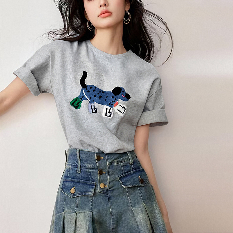 新款小狗印花寬鬆短袖T恤