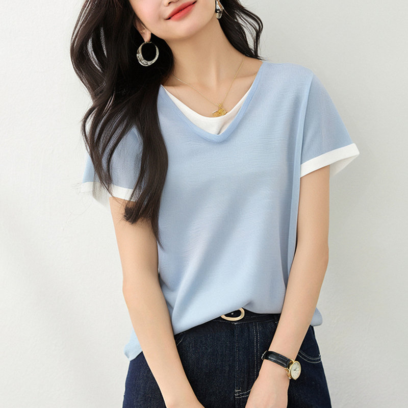 正肩拼色假兩件針織短袖T恤(2色)