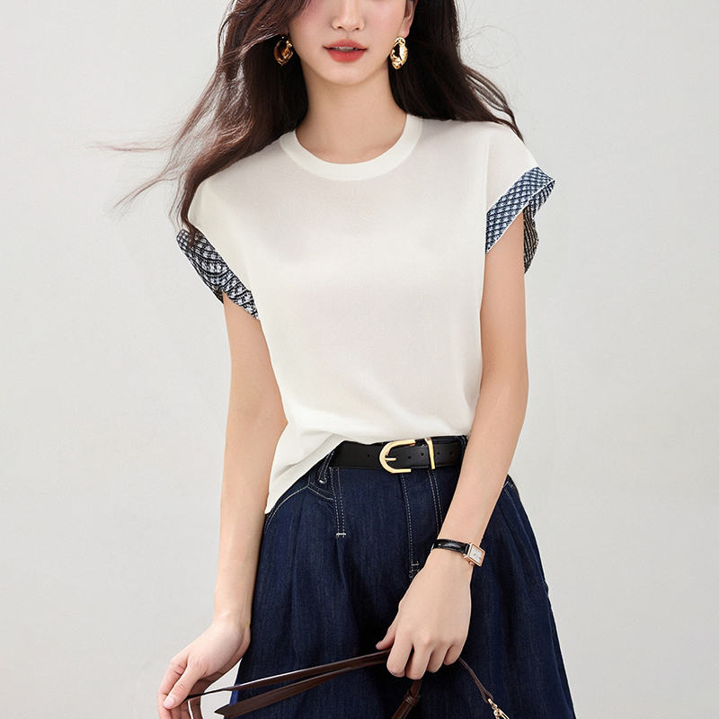 圓領拼色刺綉針織T恤(2色)