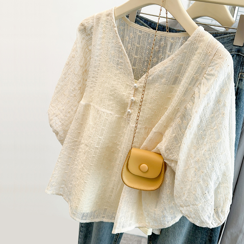 新款V領防曬雪紡短袖襯衫