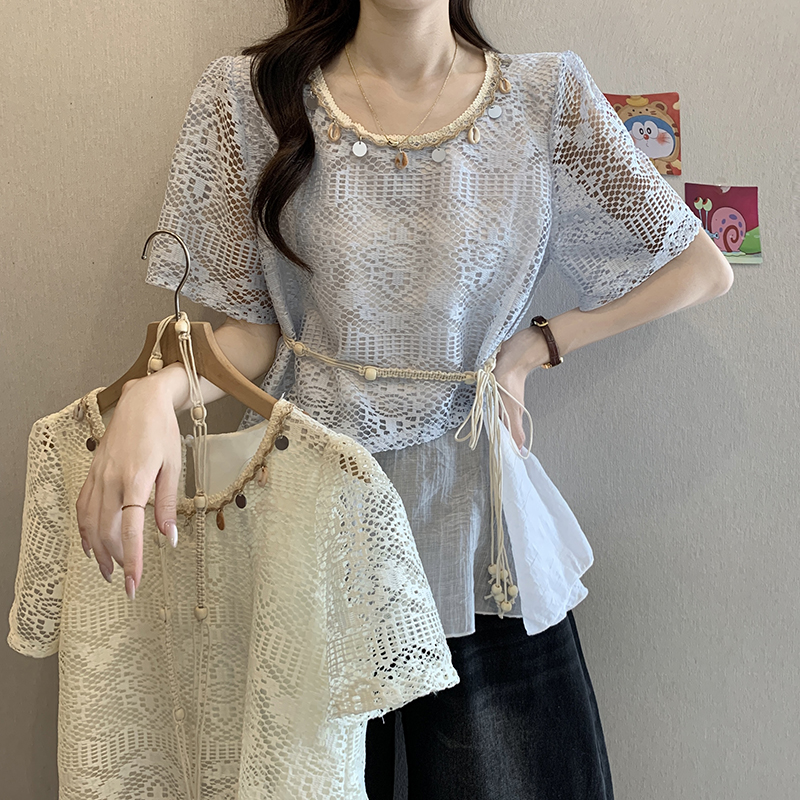 時尚鏤空假兩件短袖小衫(2色)
