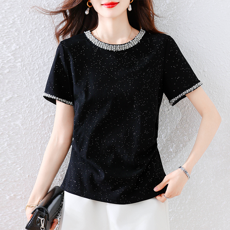 高級感圓領滿天星鑲鑽短袖T恤