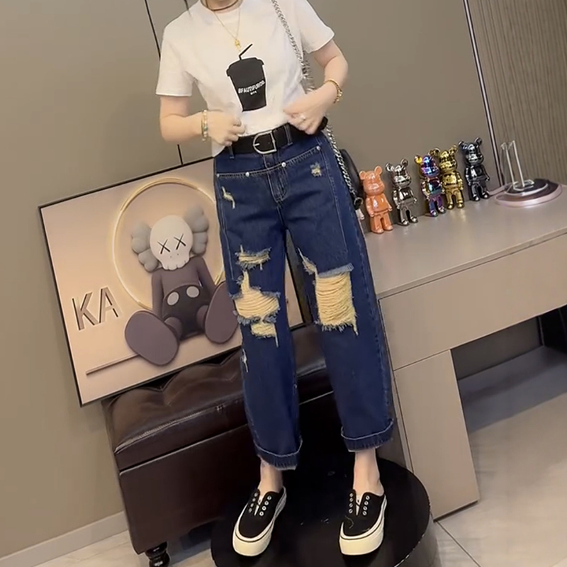 高腰九分破洞直筒牛仔褲