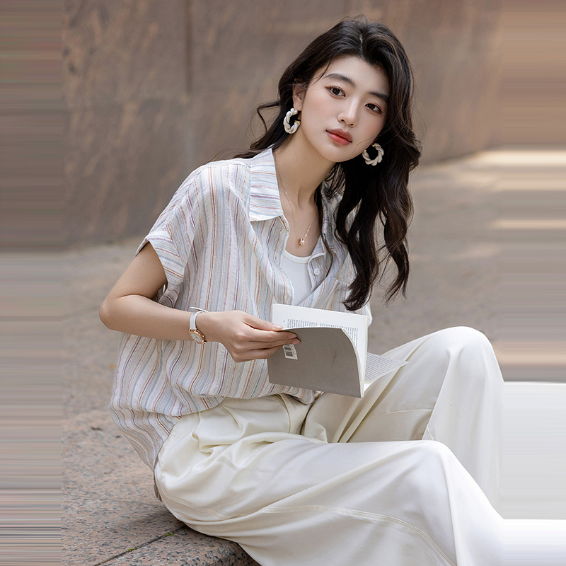 舒適復古翻領條紋連肩短袖襯衫(2色)