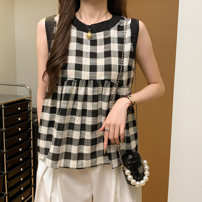 日系格紋撞色無袖背心娃娃衫(2色)