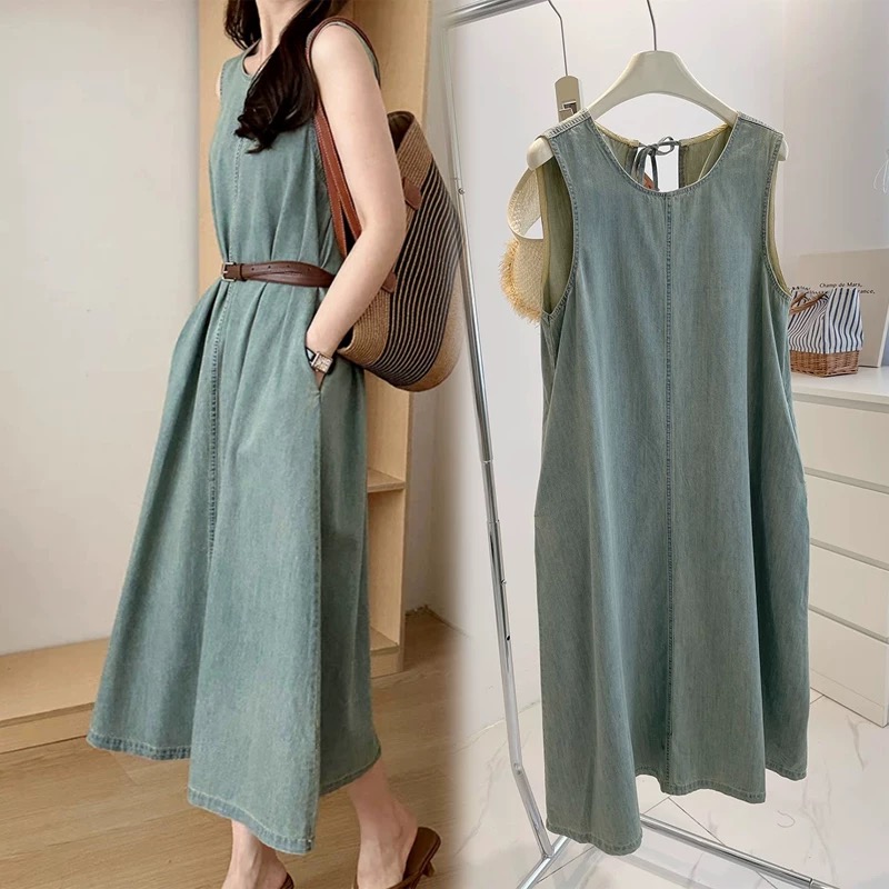 無袖直筒薄背心式牛仔連身裙(附腰帶)