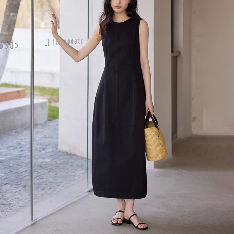 法式圓領拼收腰無袖連身裙(2色)