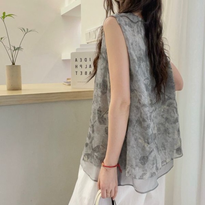 網紗拼接假兩件印花無袖襯衫