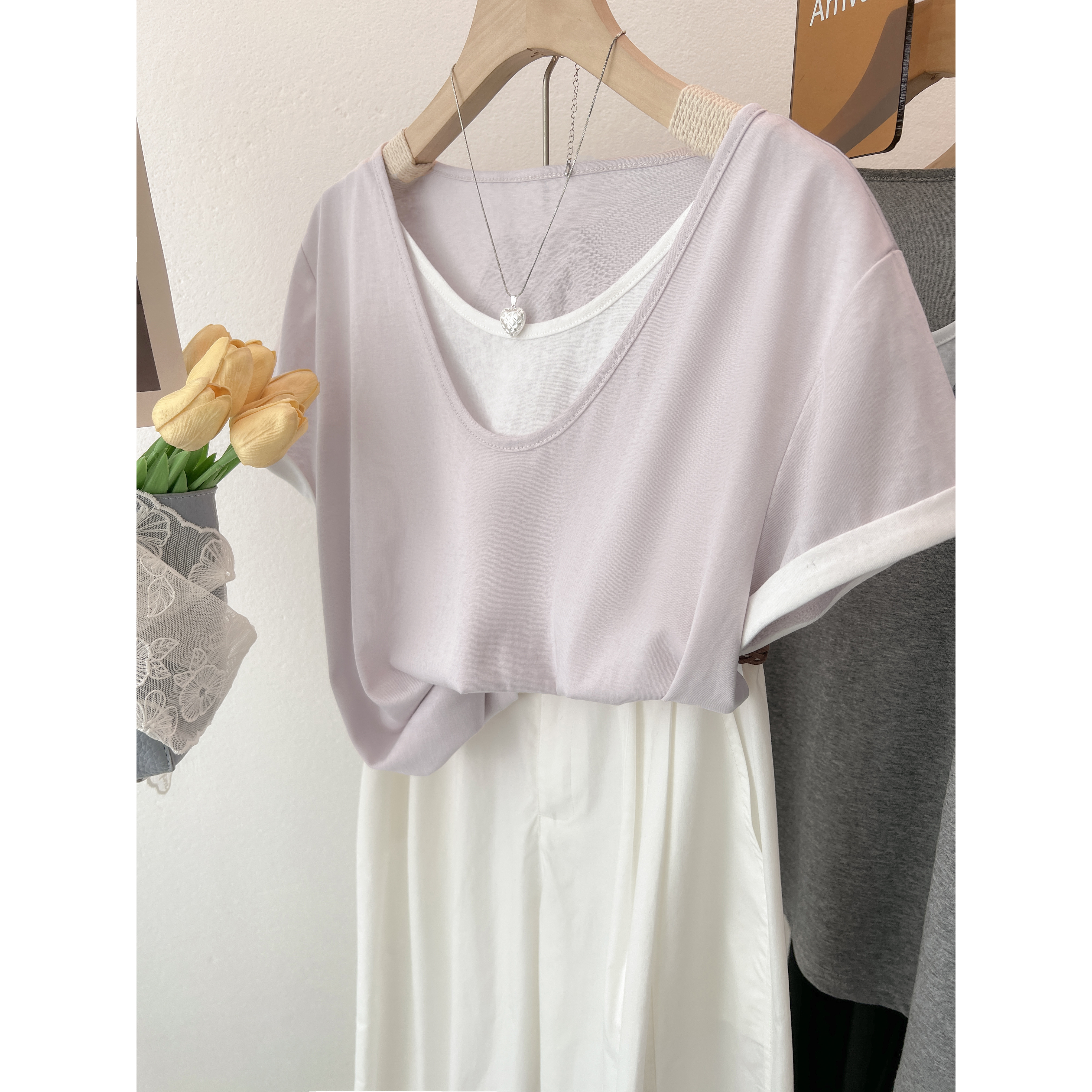 撞色假兩件圓領T恤(2色)