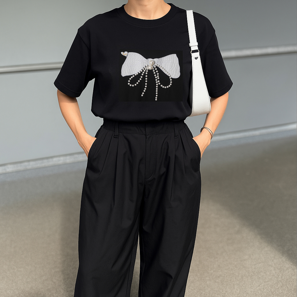 日系蝴蝶結珠鏈裝飾棉T恤(2色)