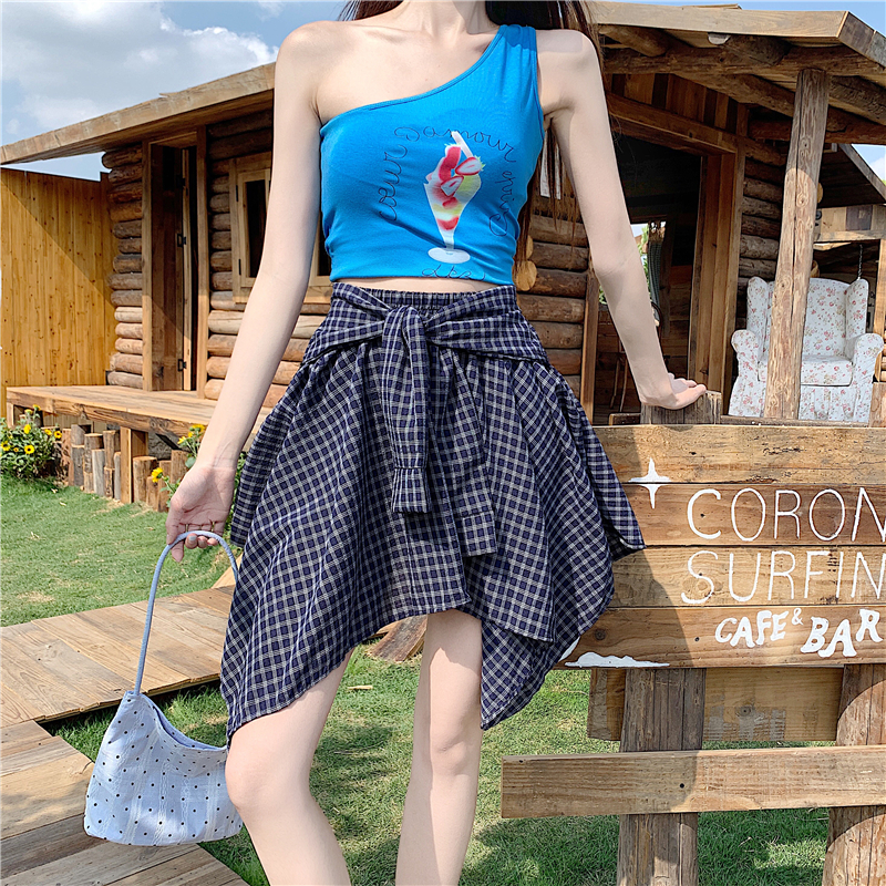 假兩件綁帶格紋不規則短裙