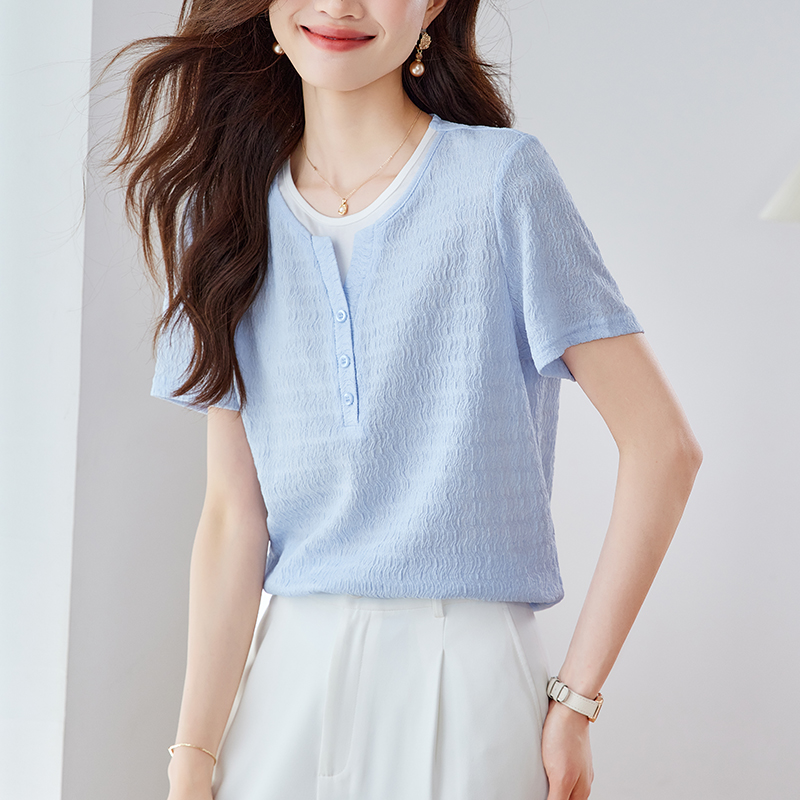 優雅假兩件拼接肌理短袖T恤