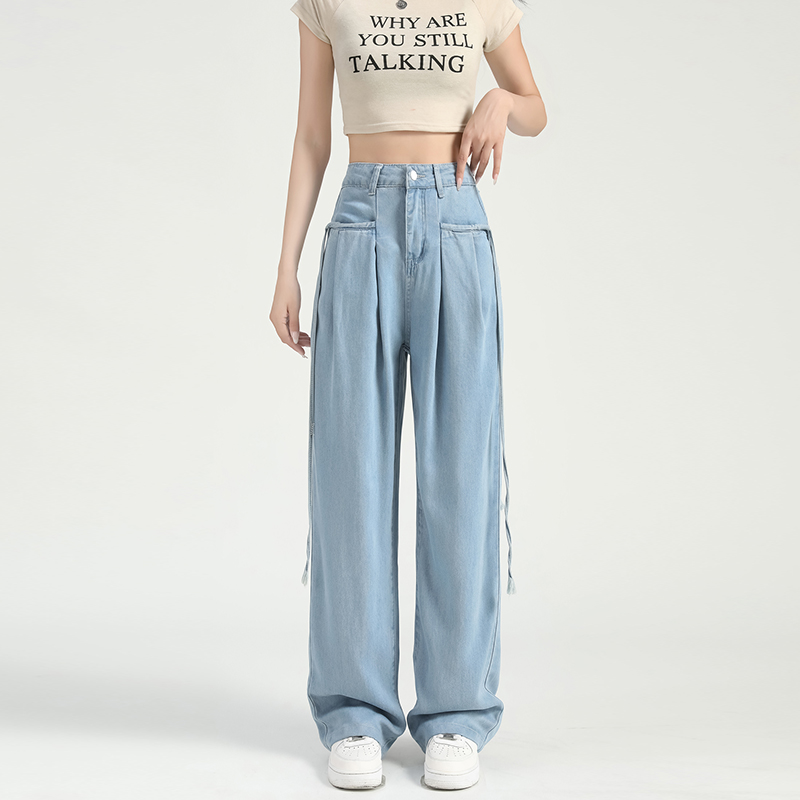 慵懶舒適高腰抽繩薄款牛仔褲