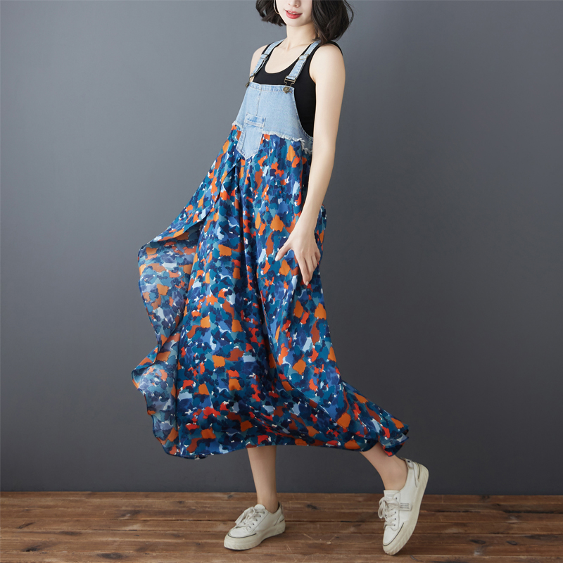 韓系荷葉邊牛仔雪紡拼接背帶款連身裙(15色)