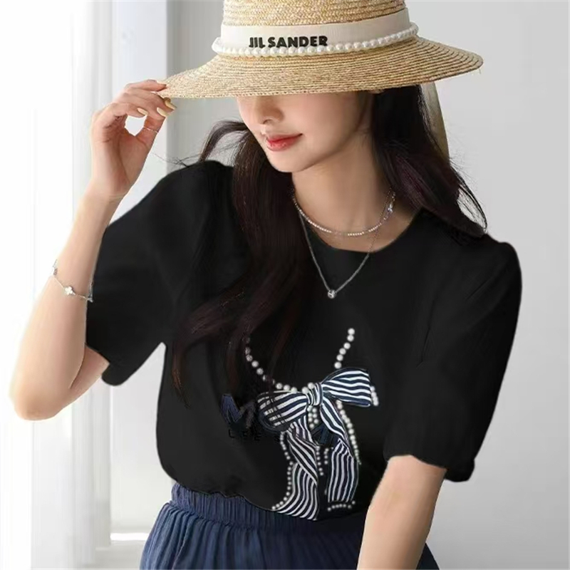 蝴蝶結珍珠拼接印花短袖T恤(2色)
