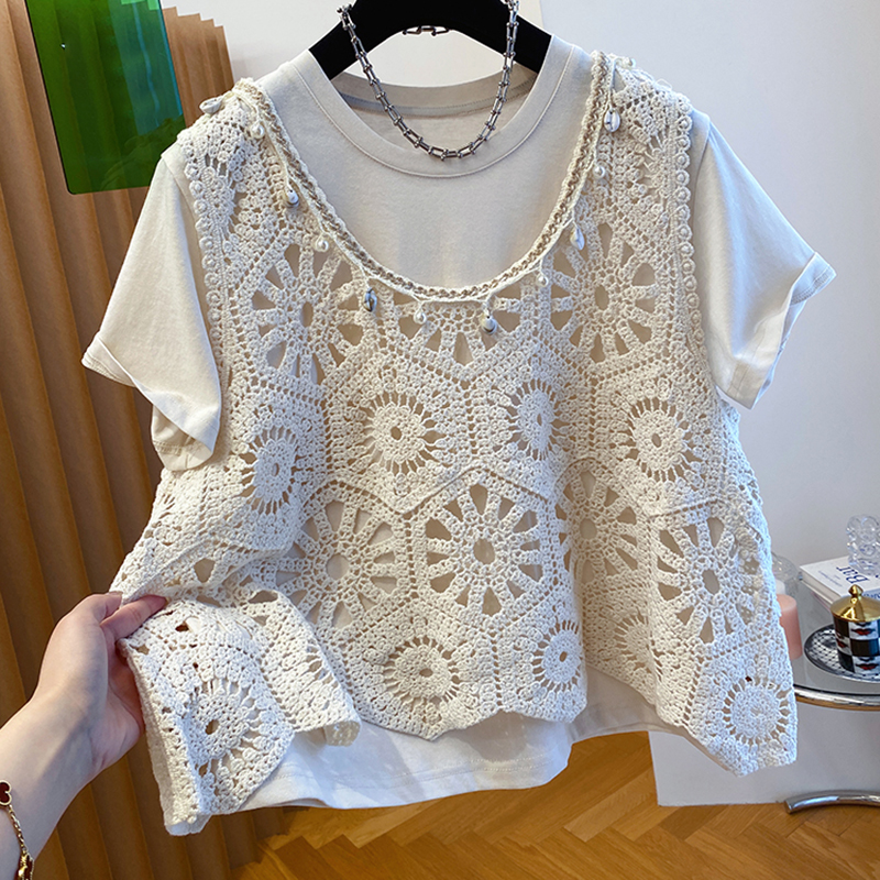 新款針織鏤空馬甲圓領短袖