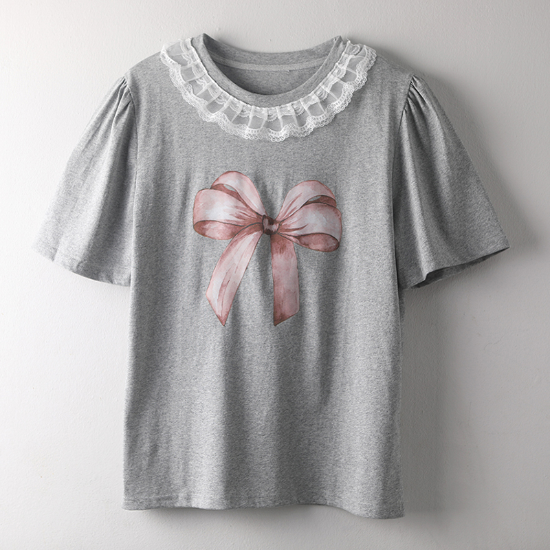 時尚圓領拼接蕾絲短袖T恤(2色)