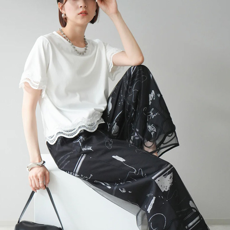 簡約圓領繡拼接短袖T恤(2色)