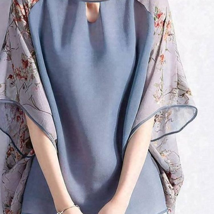 日系圓領鏤空印花拼接中袖小衫