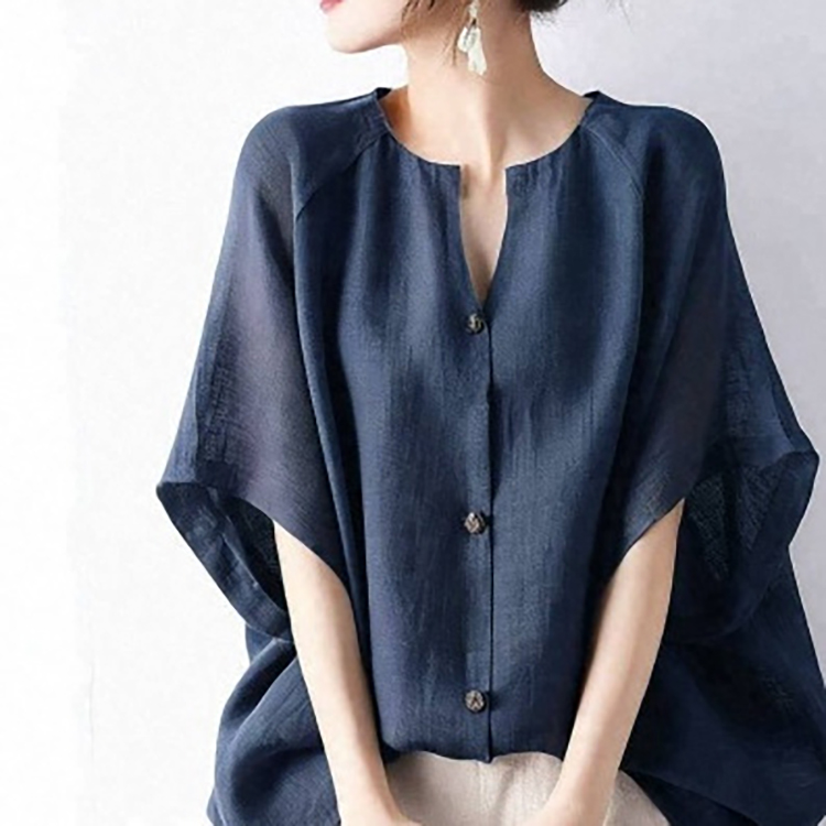 日系V領係扣中袖小衫(3色)
