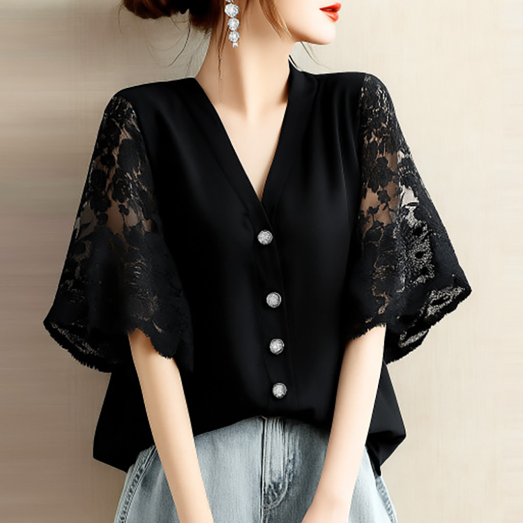 日系V領門襟扣兩袖蕾絲上衣(5色)
