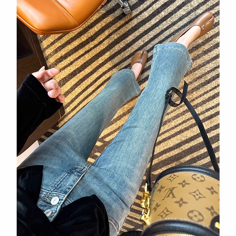 彈性微喇叭高腰顯瘦九分牛仔褲(2色)