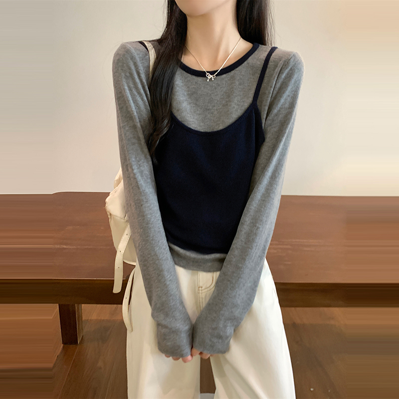 韓系圓領撞色假兩件長袖針織衫(3色)