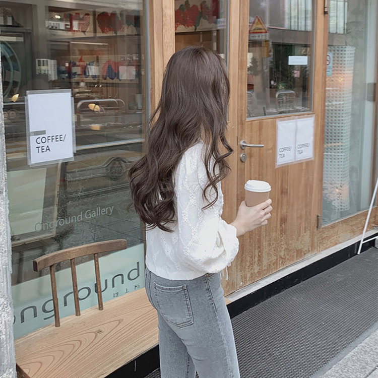 韓國V領抽繩繫帶鉤花襯衫