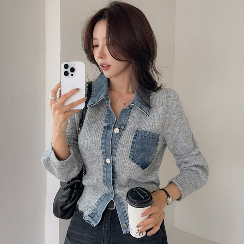 韓系針織牛仔拼接短款外套
