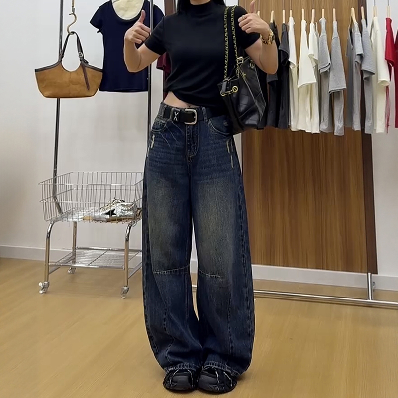 【S-4XL】秋冬闊腿顯瘦寬鬆直筒彎刀牛仔褲