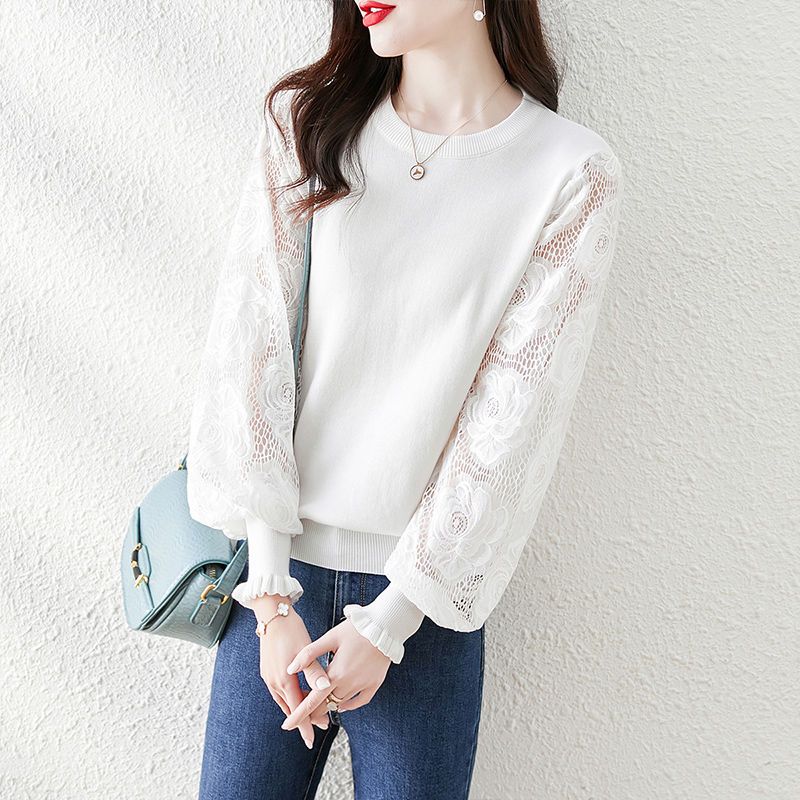 蕾絲鏤空袖拼接針織衫(3色)