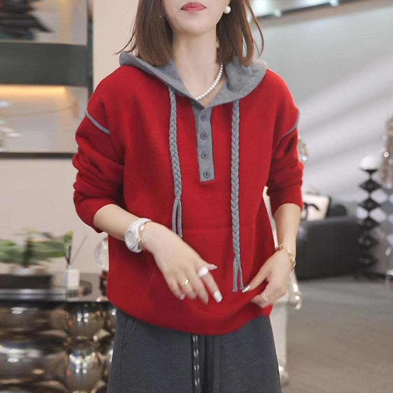 休閒百搭連帽拼色針織衛衣(4色)