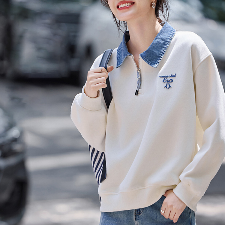 繡花撞色翻領拼接假兩件衛衣