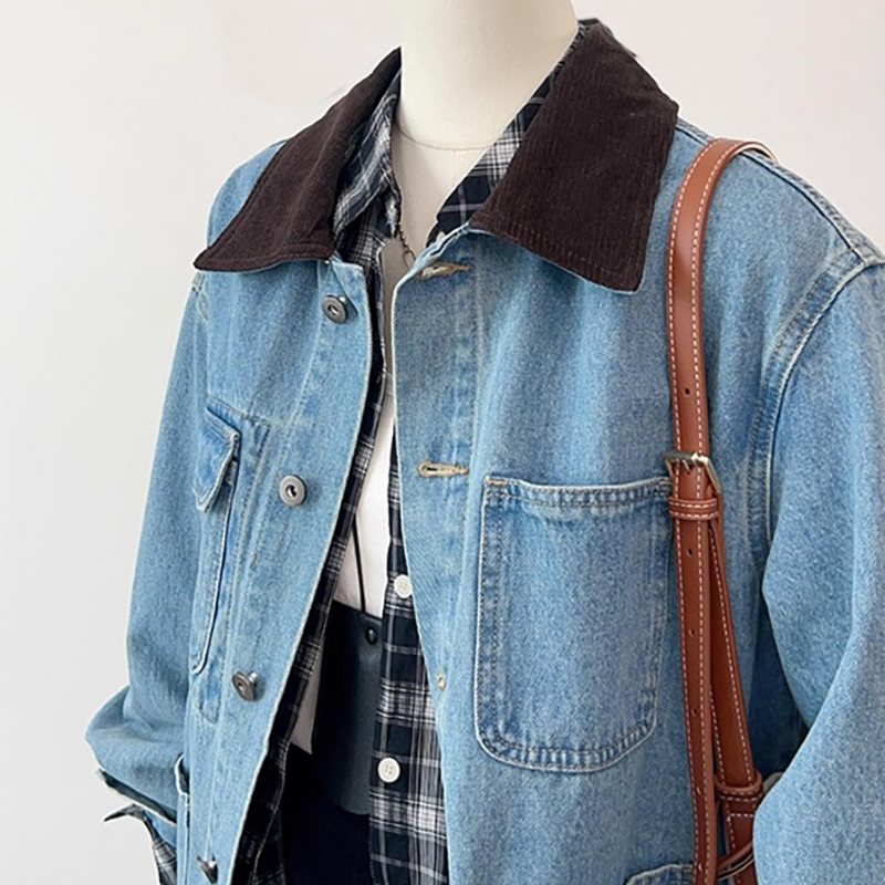 韓系撞色翻領多口袋牛仔外套