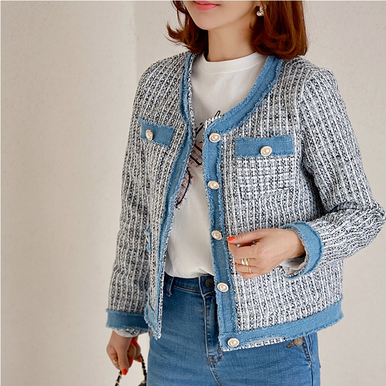韓國粗花呢珍珠扣格紋牛仔拼色短外套