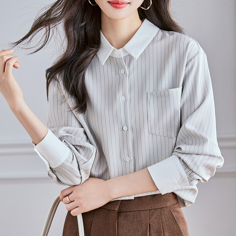 通勤翻領拼接條紋長袖襯衫