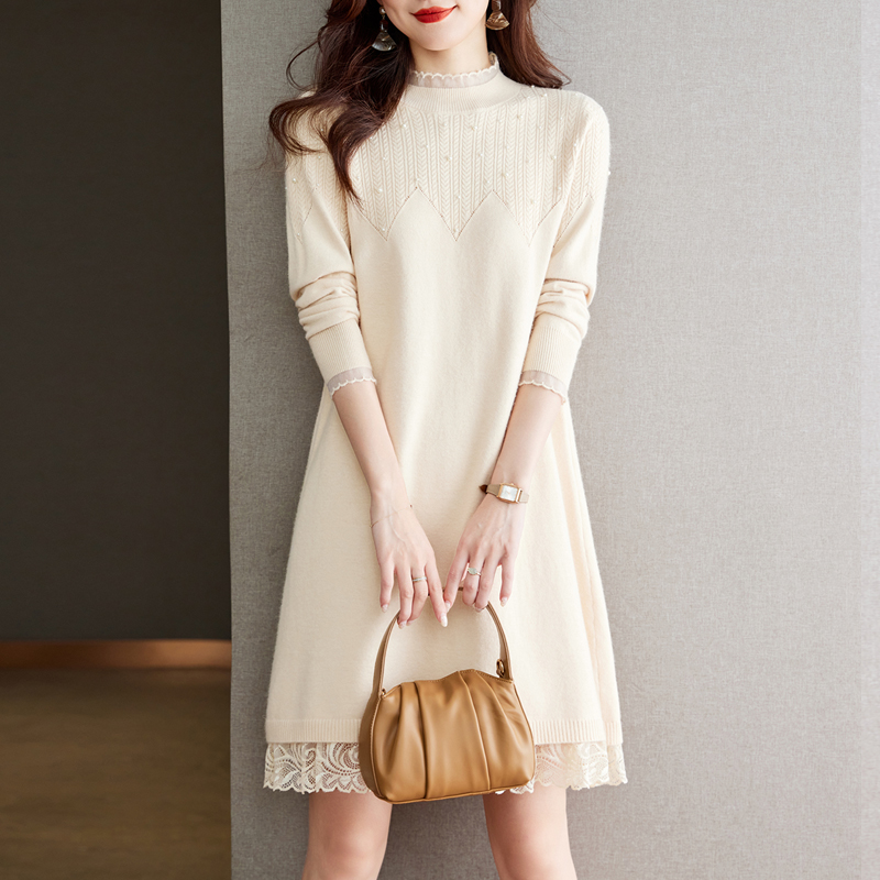洋氣蕾絲半高領針織毛衣連身裙(4色)