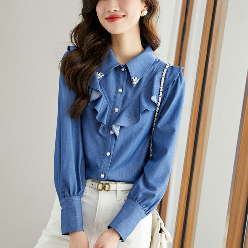 法式復古荷葉邊牛仔長袖襯衫