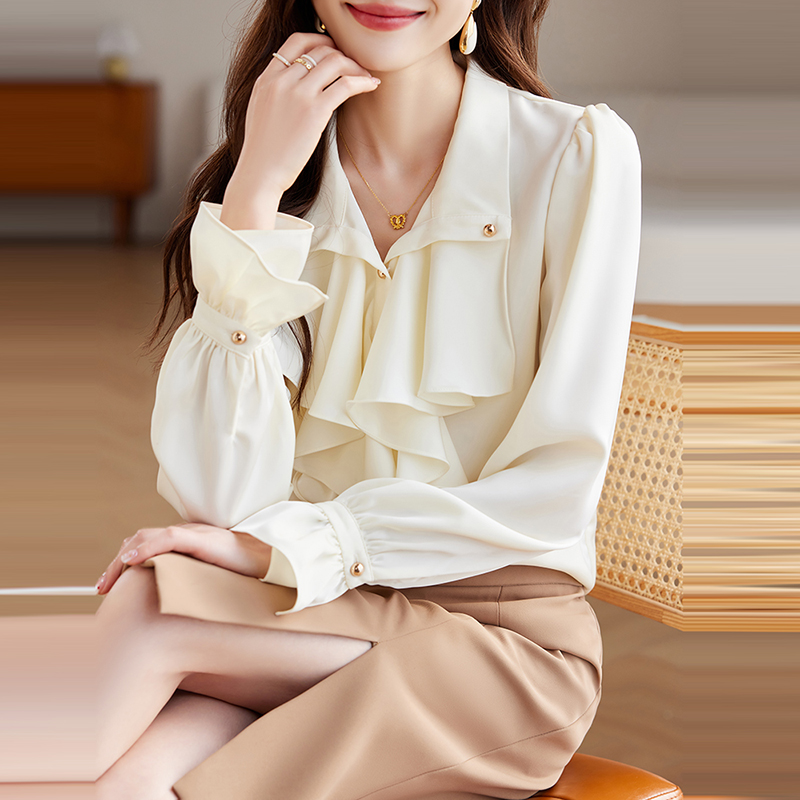 法式復古V領荷葉邊長袖襯衫