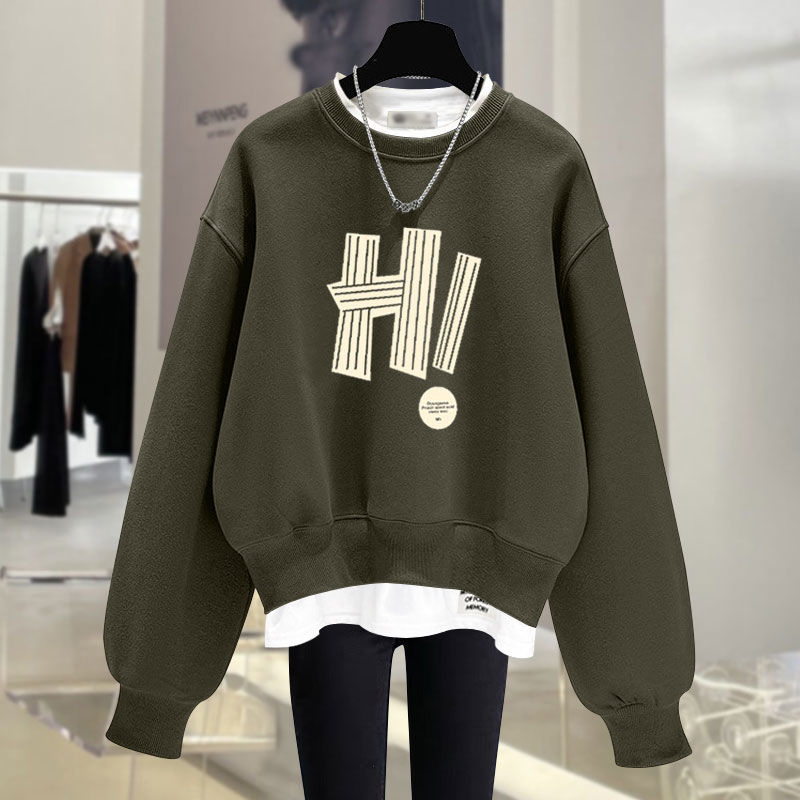 韓系圓領字母假兩件衛衣