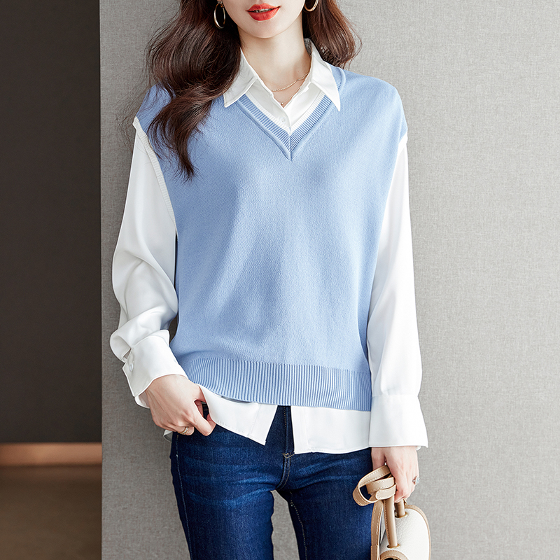 韓系翻領拼接針織假兩件長袖襯衫