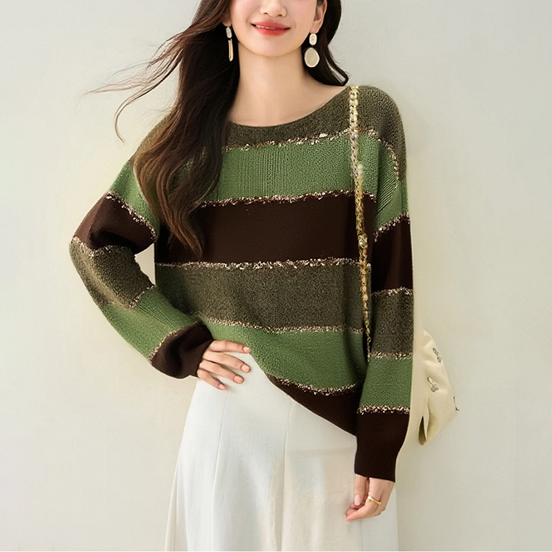 時尚圓領條紋撞色針織毛衣