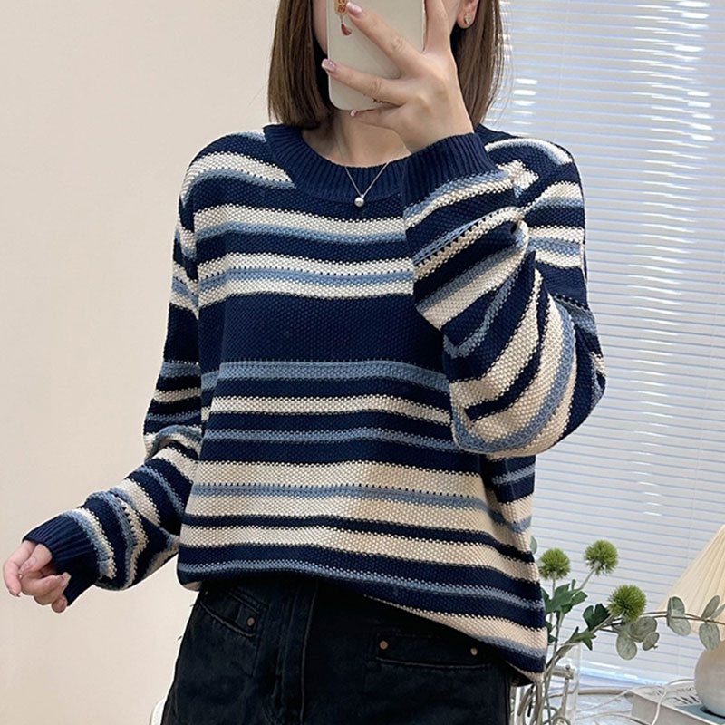 韓系藍色條紋寬鬆柔軟針織衫