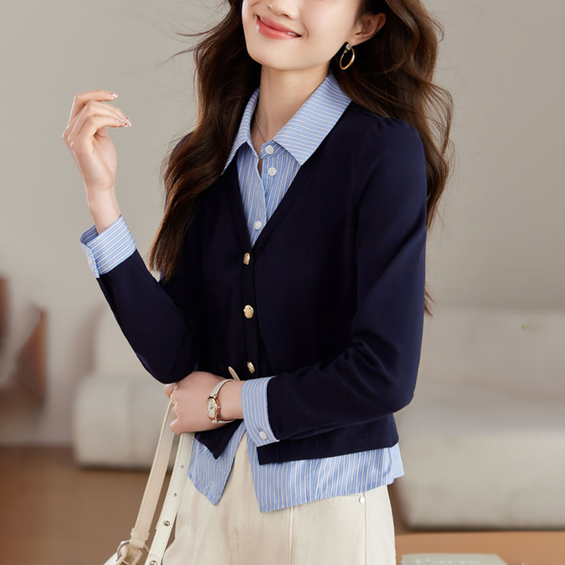 假兩件條紋拼接POLO領襯衫