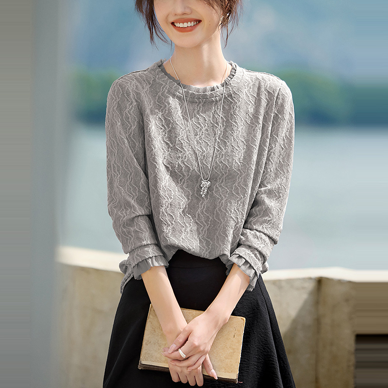 優雅百搭圓領肌理長袖T恤